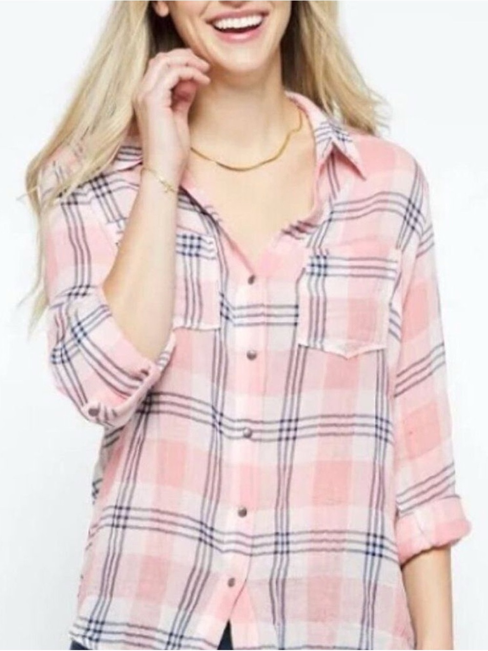 Kut from the Kloth Florence relaxed gauzy long sleeve pink blush plaid shirt L